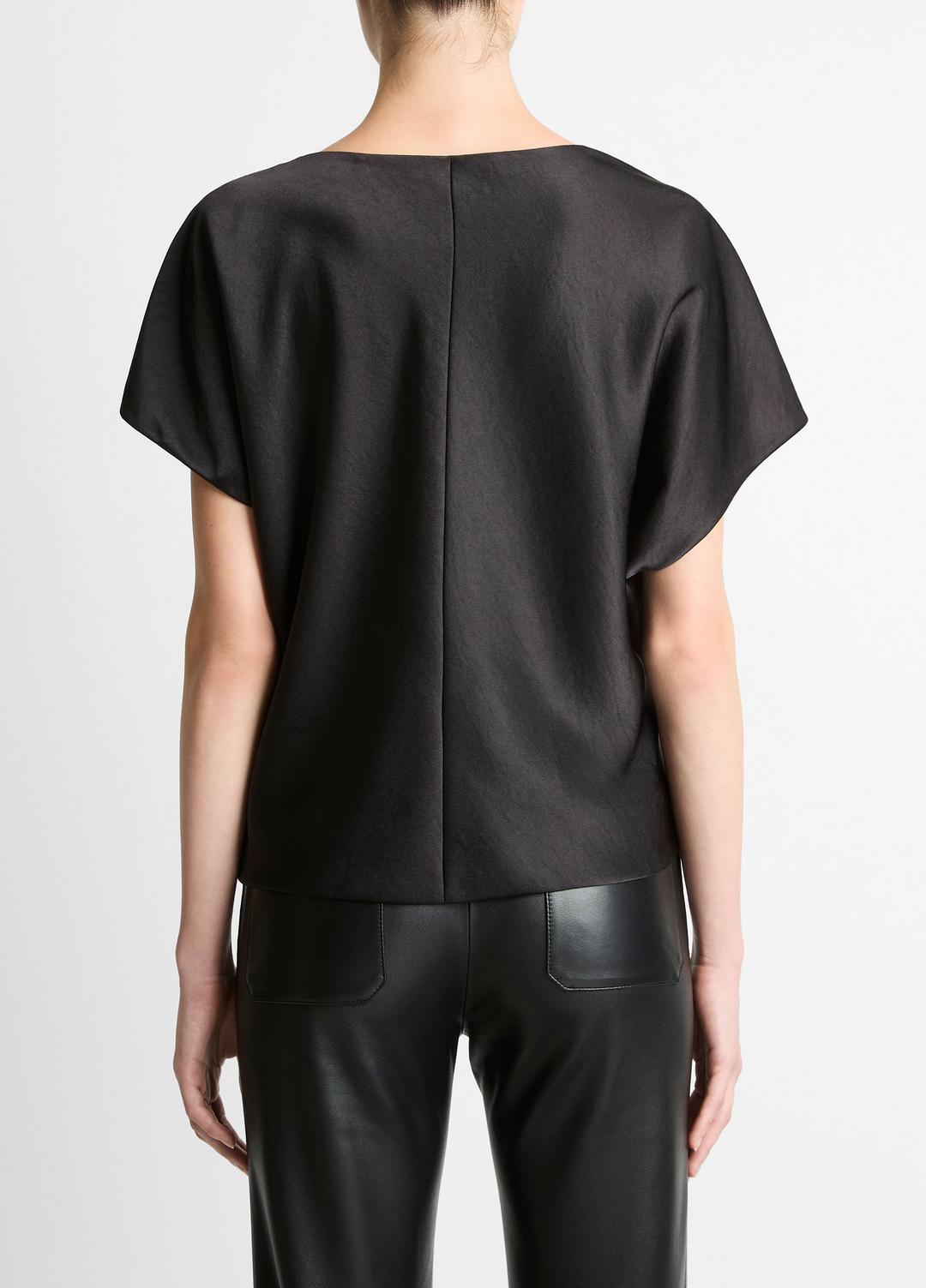 Draped Satin Dolman-Sleeve Blouse in Short Sleeve - BLACK | VINCE Women
