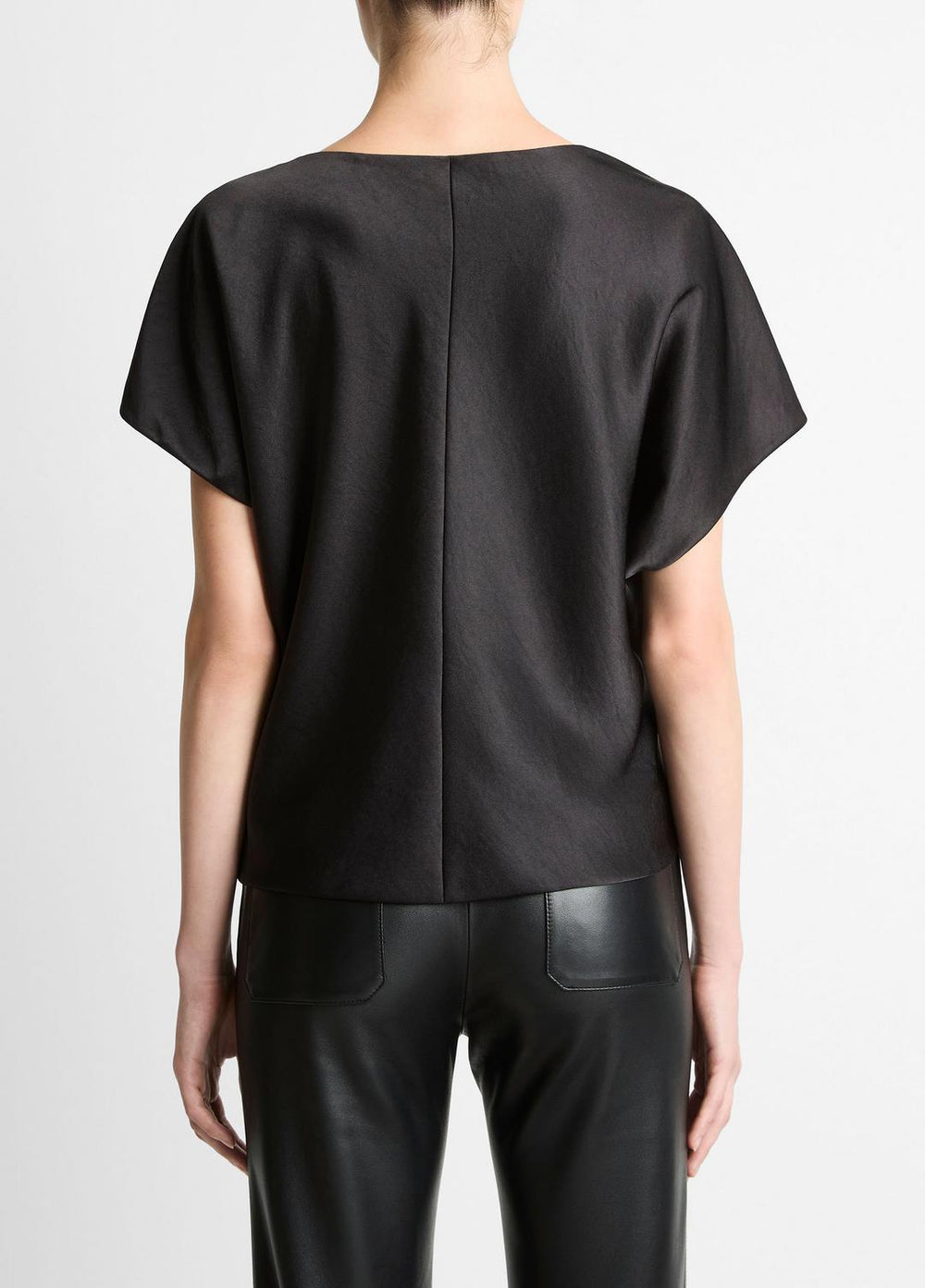 Draped Satin Dolman-Sleeve Blouse in Short Sleeve - BLACK | VINCE Women