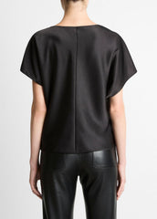 Draped Satin Dolman-Sleeve Blouse in Short Sleeve - BLACK | VINCE Women