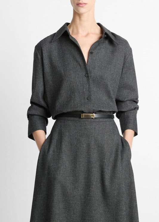 Italian Jaspe Relaxed Button-Front Shirt in Long Sleeve - MEDIUM HEATHER GREY | VINCE Women
