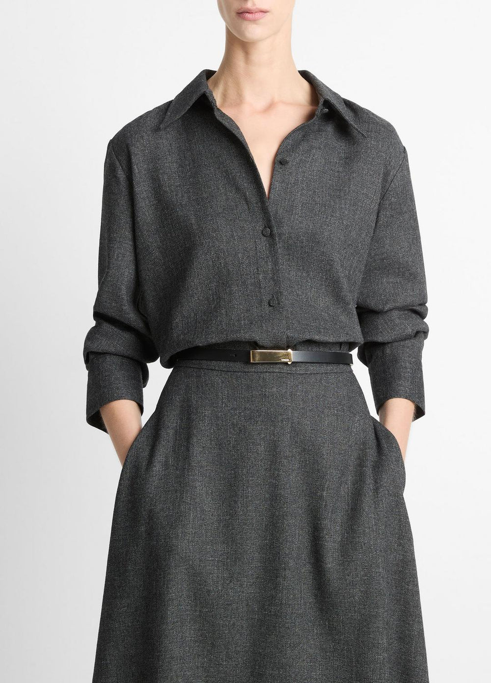 Italian Jaspe Relaxed Button-Front Shirt in Long Sleeve - MEDIUM HEATHER GREY | VINCE Women