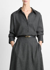 Italian Jaspe Relaxed Button-Front Shirt in Long Sleeve - MEDIUM HEATHER GREY | VINCE Women