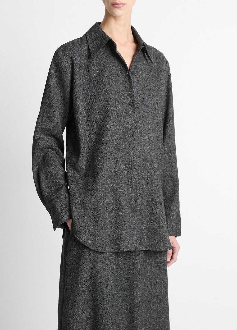 Italian Jaspe Relaxed Button-Front Shirt in Long Sleeve - MEDIUM HEATHER GREY | VINCE Women