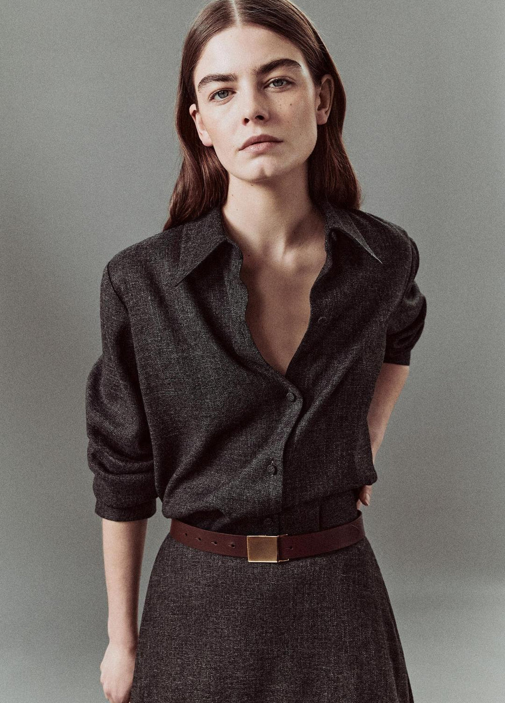 Italian Jaspe Relaxed Button-Front Shirt in Long Sleeve - MEDIUM HEATHER GREY | VINCE Women