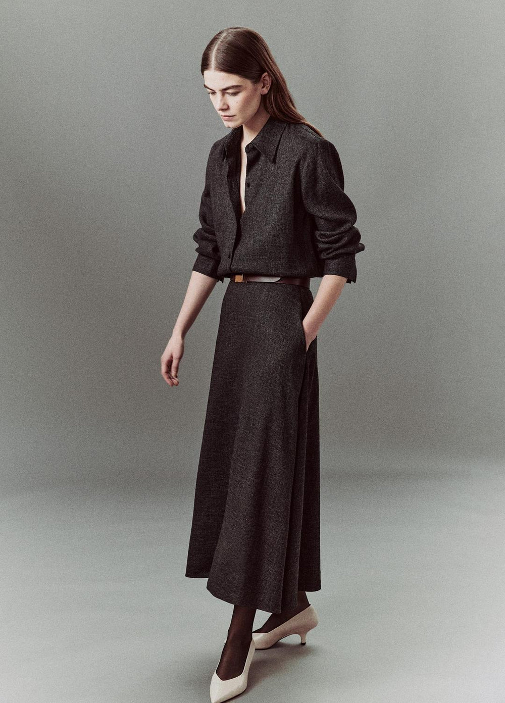 Italian Jaspe Relaxed Button-Front Shirt in Long Sleeve - MEDIUM HEATHER GREY | VINCE Women