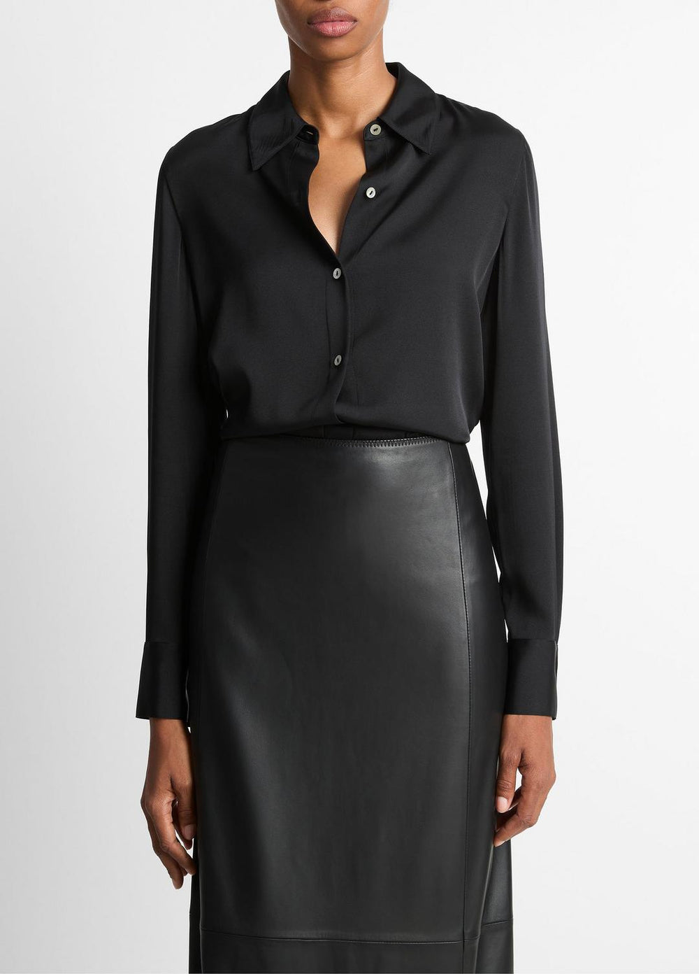 Silk-Blend Slim Button-Front Blouse in Long Sleeve - BLACK | VINCE Women