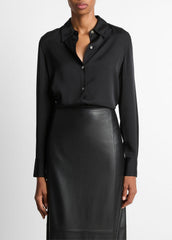 Silk-Blend Slim Button-Front Blouse in Long Sleeve - BLACK | VINCE Women