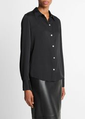 Silk-Blend Slim Button-Front Blouse in Long Sleeve - BLACK | VINCE Women