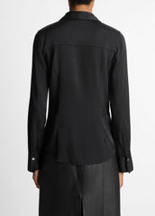 Silk-Blend Slim Button-Front Blouse in Long Sleeve - BLACK | VINCE Women
