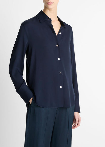 Stretch-Silk Button-Front Blouse in Long Sleeve - COASTAL BLUE | VINCE Women