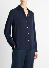 Stretch-Silk Button-Front Blouse in Long Sleeve - COASTAL BLUE | VINCE Women