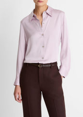 Silk-Blend Slim Button-Front Blouse in Long Sleeve - IRIS QUARTZ | VINCE Women