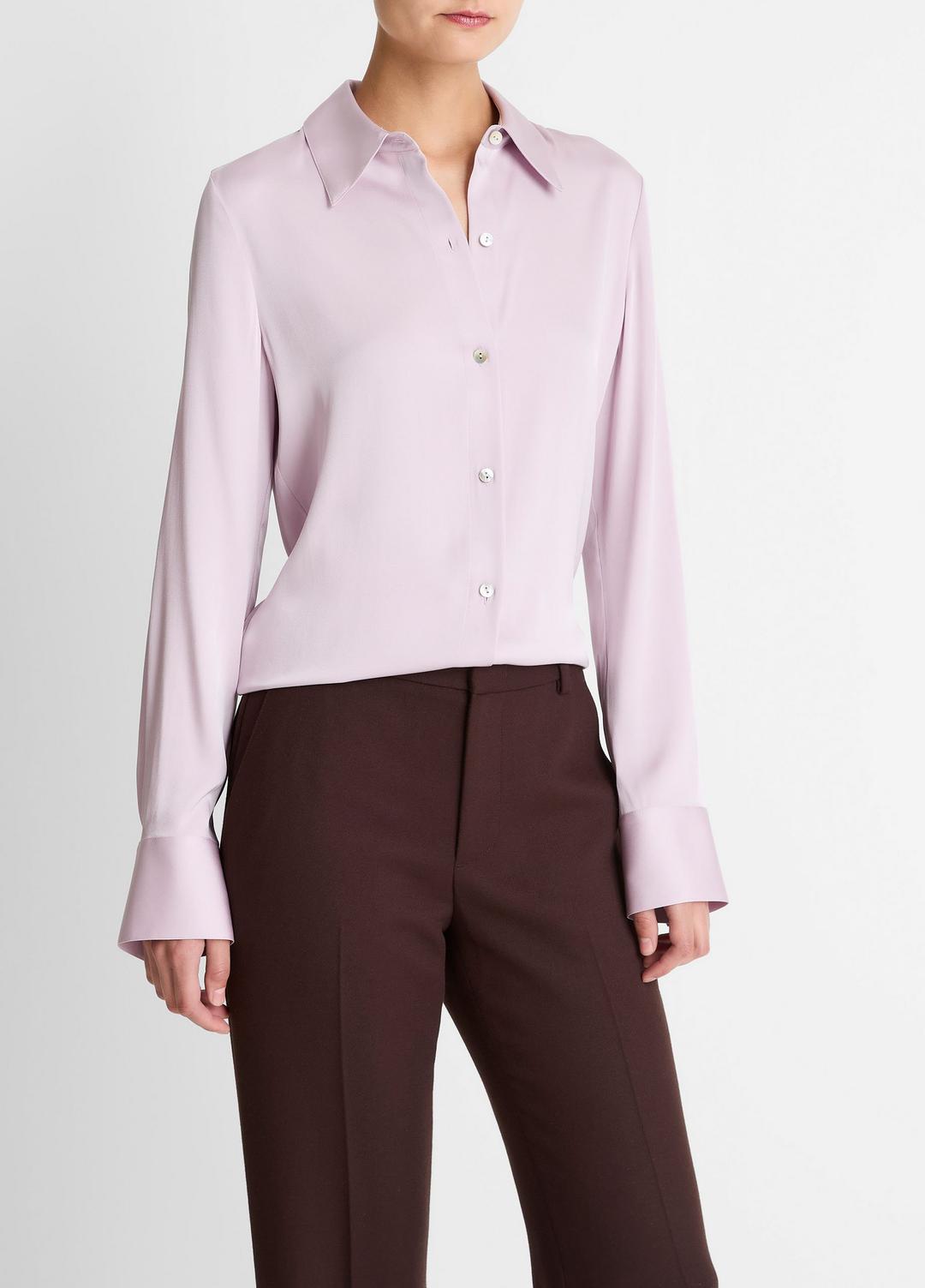 Silk-Blend Slim Button-Front Blouse in Long Sleeve - IRIS QUARTZ | VINCE Women