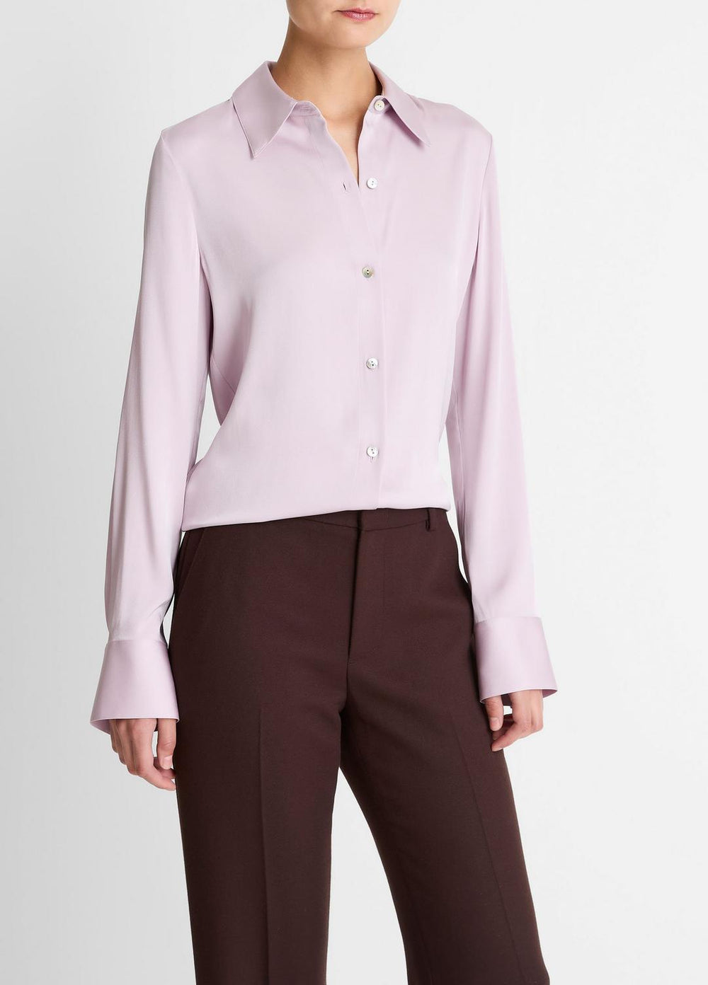 Silk-Blend Slim Button-Front Blouse in Long Sleeve - IRIS QUARTZ | VINCE Women
