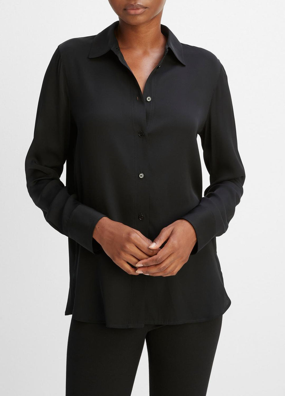 Slim Fitted Stretch-Silk Blouse in Long Sleeve - BLACK | VINCE Women