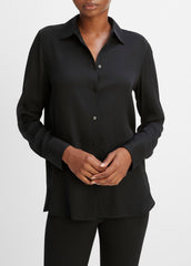 Slim Fitted Stretch-Silk Blouse in Long Sleeve - BLACK | VINCE Women
