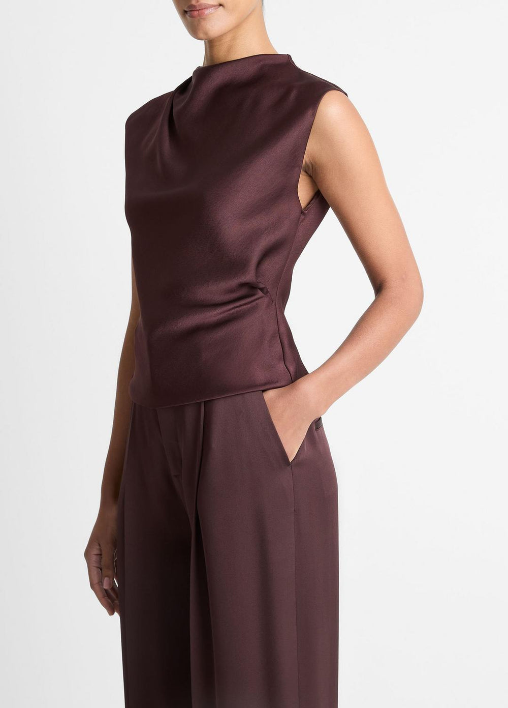 Satin Draped Cowl-Neck Top in Tank Tops - FIG | VINCE Women