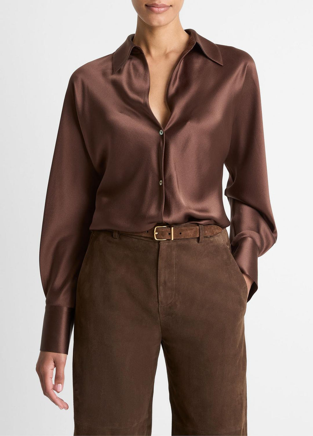 Silk Bias Long-Sleeve Blouse in Long Sleeve - ESPRESSO | VINCE Women
