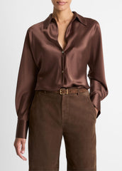 Silk Bias Long-Sleeve Blouse in Long Sleeve - ESPRESSO | VINCE Women
