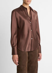 Silk Bias Long-Sleeve Blouse in Long Sleeve - ESPRESSO | VINCE Women