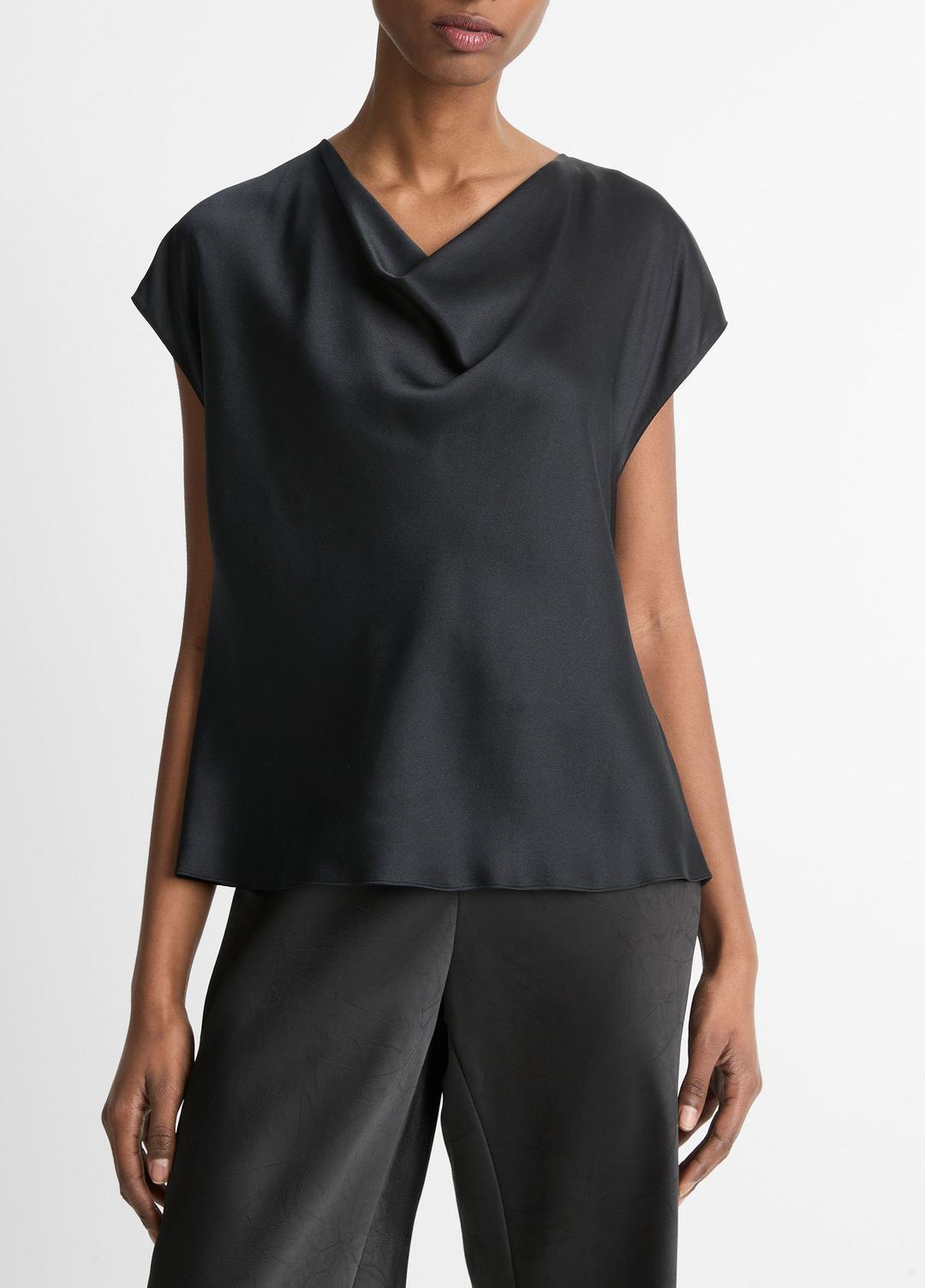 Silk Cowl-Neck Blouse in Short Sleeve - BLACK | VINCE Women