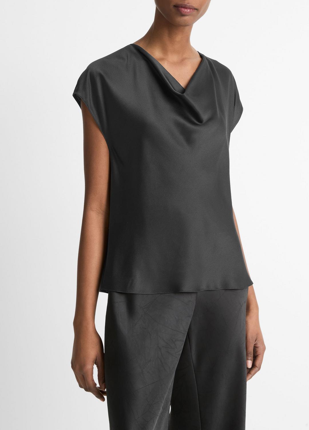 Silk Cowl-Neck Blouse in Short Sleeve - BLACK | VINCE Women