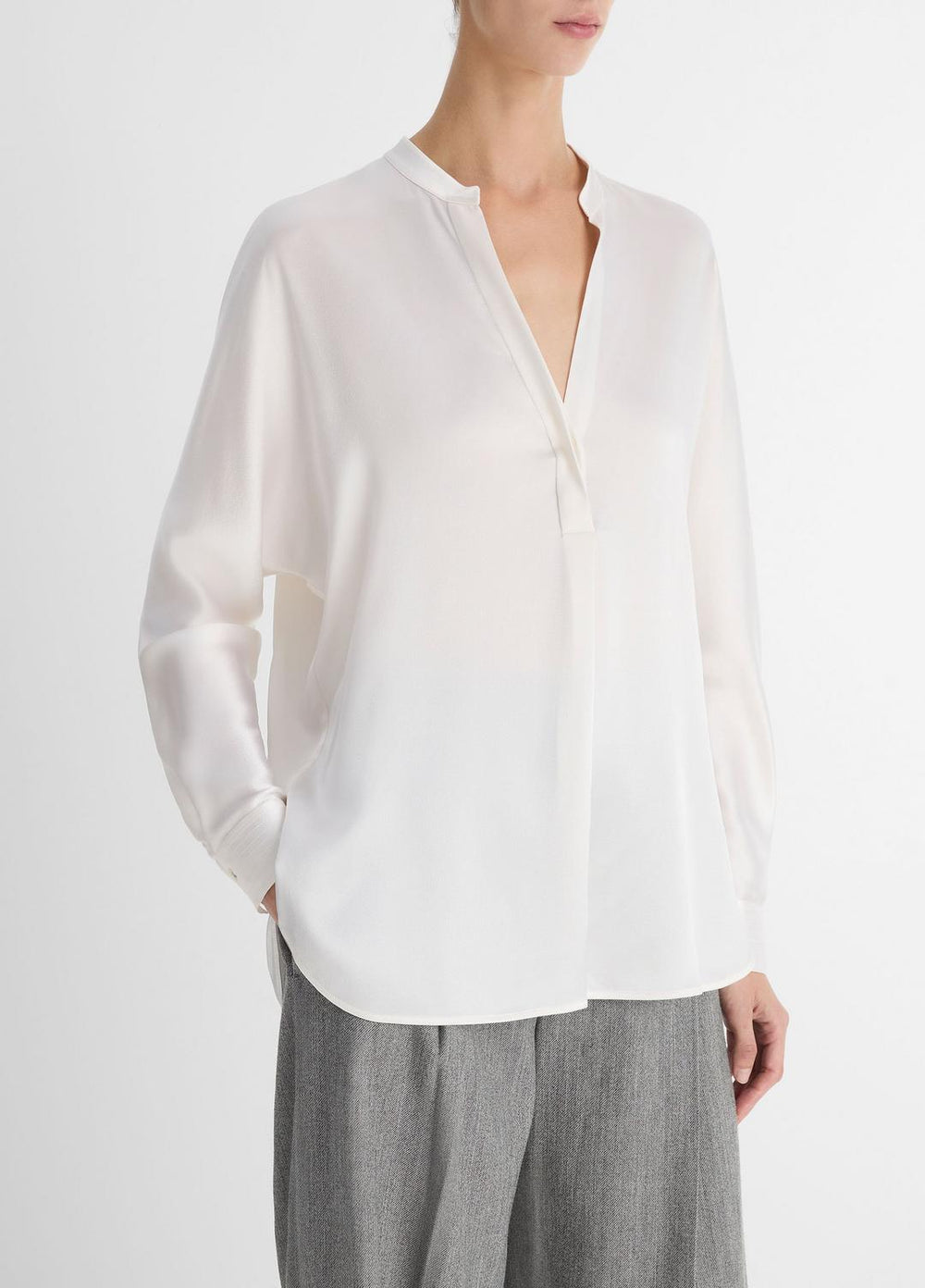 Silk Satin Band-Collar Blouse in Long Sleeve - OPTIC WHITE | VINCE Women