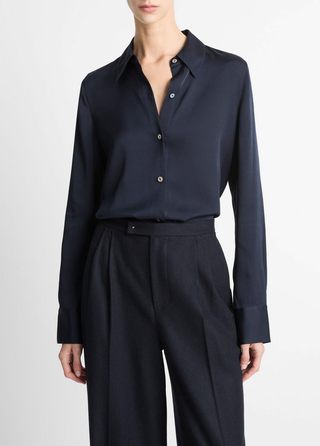 Silk-Blend Slim Button-Front Blouse in Long Sleeve - COASTAL BLUE | VINCE Women
