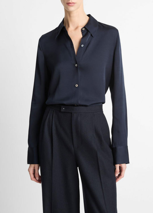 Silk-Blend Slim Button-Front Blouse in Long Sleeve - COASTAL BLUE | VINCE Women