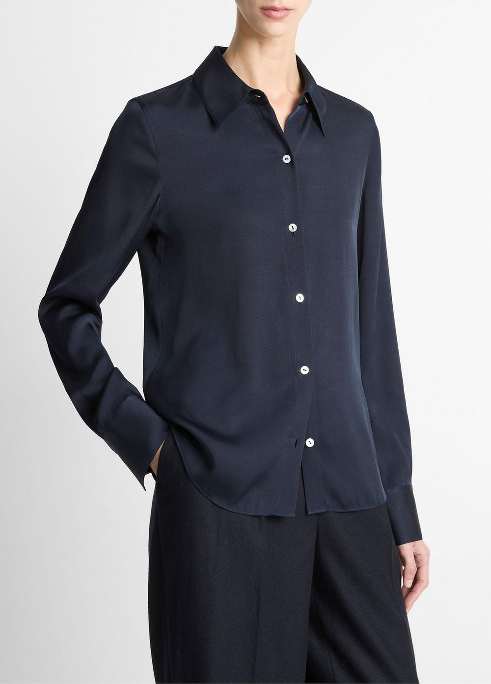 Silk-Blend Slim Button-Front Blouse in Long Sleeve - COASTAL BLUE | VINCE Women