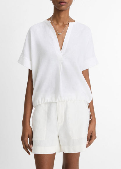Linen Drawcord-Hem Blouse in Short Sleeve - OPTIC WHITE | VINCE Women