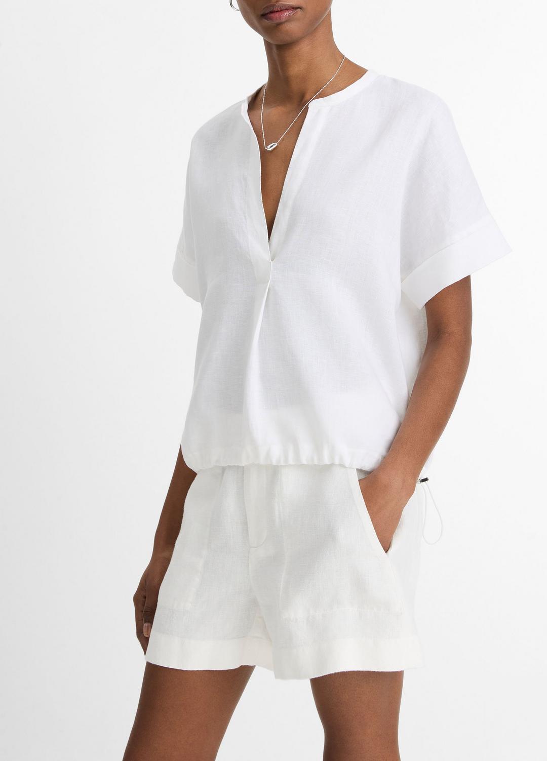 Linen Drawcord-Hem Blouse in Short Sleeve - OPTIC WHITE | VINCE Women