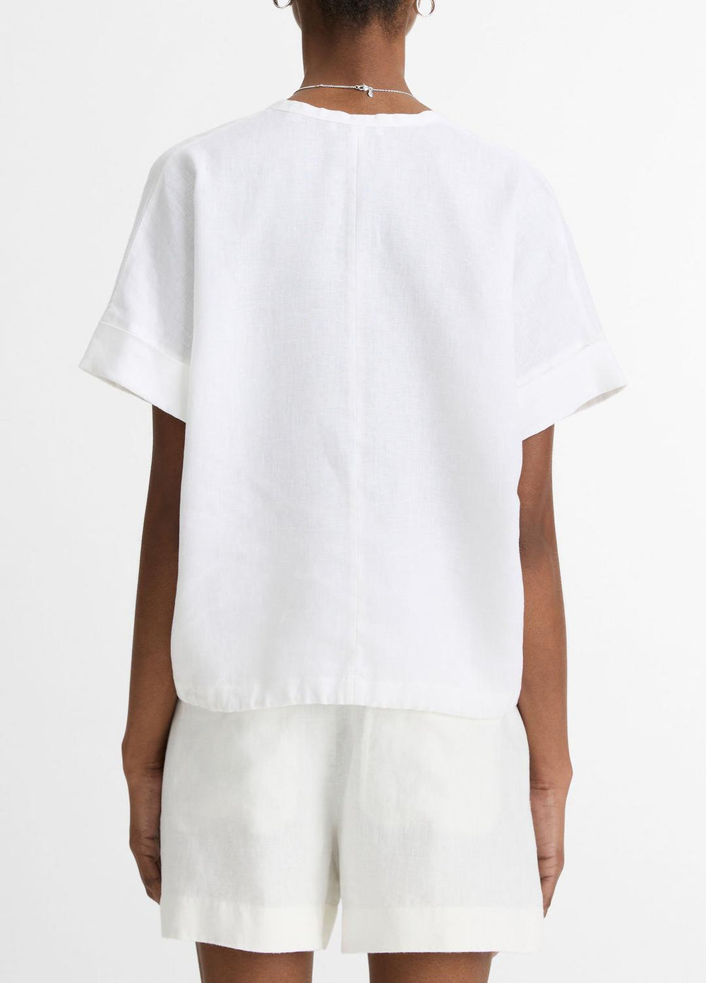 Linen Drawcord-Hem Blouse in Short Sleeve - OPTIC WHITE | VINCE Women