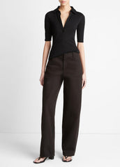 Cotton Elbow-Sleeve Polo Shirt in Short Sleeve - BLACK | VINCE Women