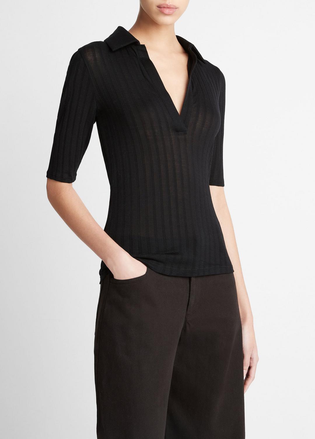 Cotton Elbow-Sleeve Polo Shirt in Short Sleeve - BLACK | VINCE Women