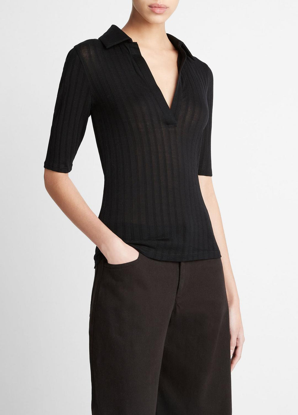 Cotton Elbow-Sleeve Polo Shirt in Short Sleeve - BLACK | VINCE Women