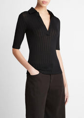 Cotton Elbow-Sleeve Polo Shirt in Short Sleeve - BLACK | VINCE Women