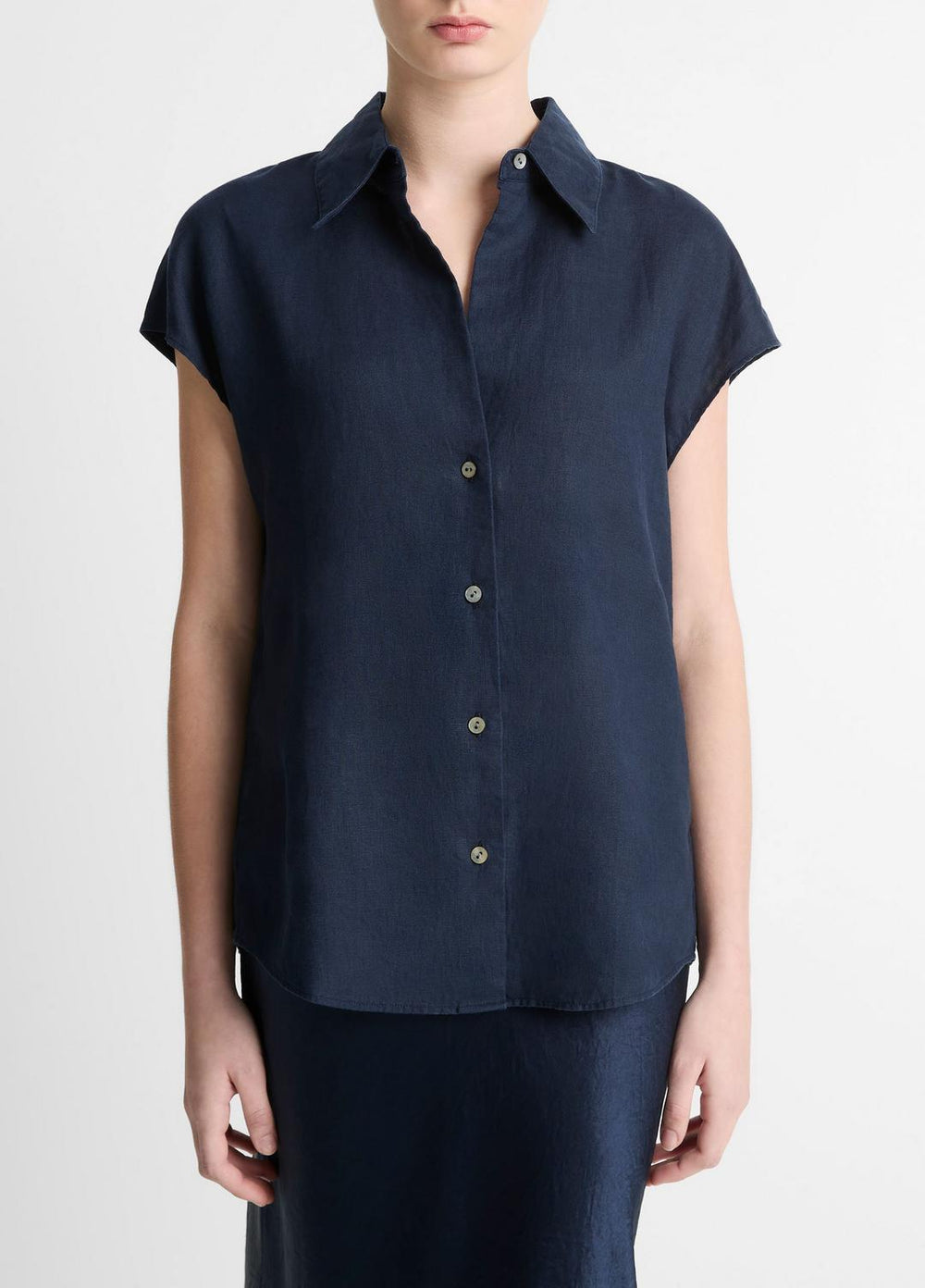 Linen Cap-Sleeve Button-Front Blouse in Short Sleeve - COASTAL BLUE | VINCE Women