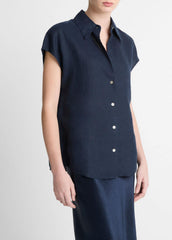 Linen Cap-Sleeve Button-Front Blouse in Short Sleeve - COASTAL BLUE | VINCE Women