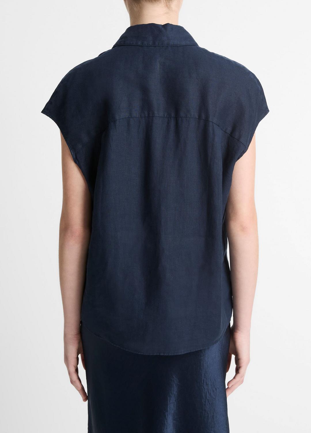 Linen Cap-Sleeve Button-Front Blouse in Short Sleeve - COASTAL BLUE | VINCE Women