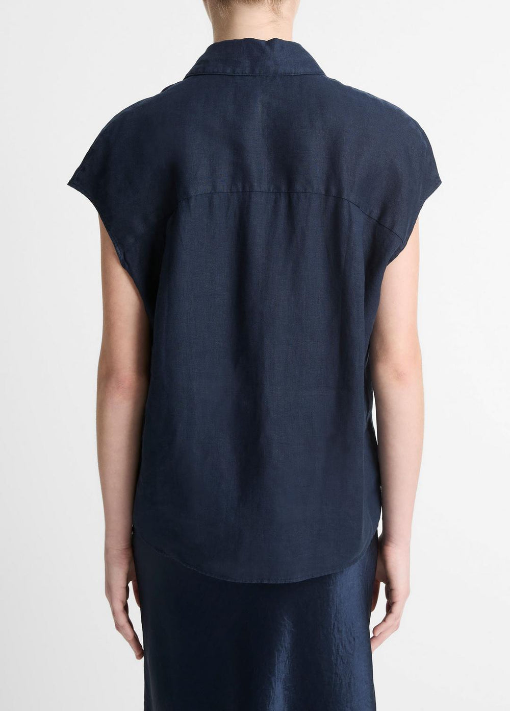 Linen Cap-Sleeve Button-Front Blouse in Short Sleeve - COASTAL BLUE | VINCE Women