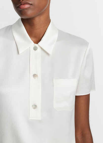 Silk Short-Sleeve Polo Shirt in Short Sleeve - OFF WHITE | VINCE Women