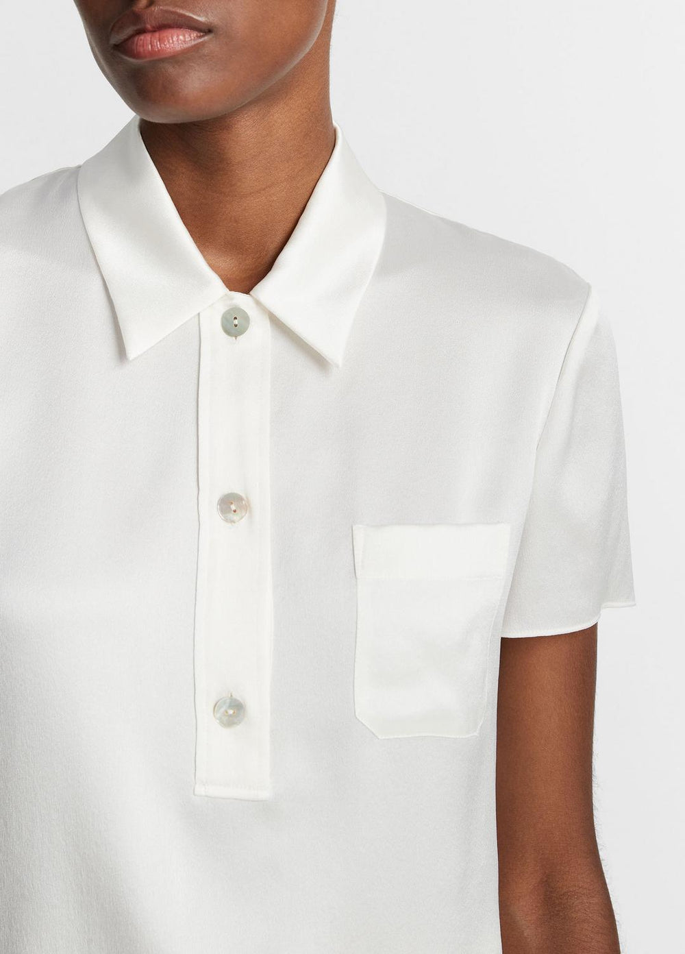 Silk Short-Sleeve Polo Shirt in Short Sleeve - OFF WHITE | VINCE Women