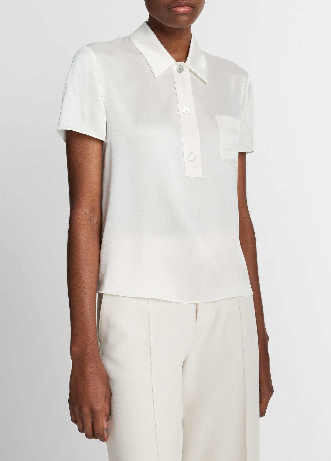 Silk Short-Sleeve Polo Shirt in Short Sleeve - OFF WHITE | VINCE Women