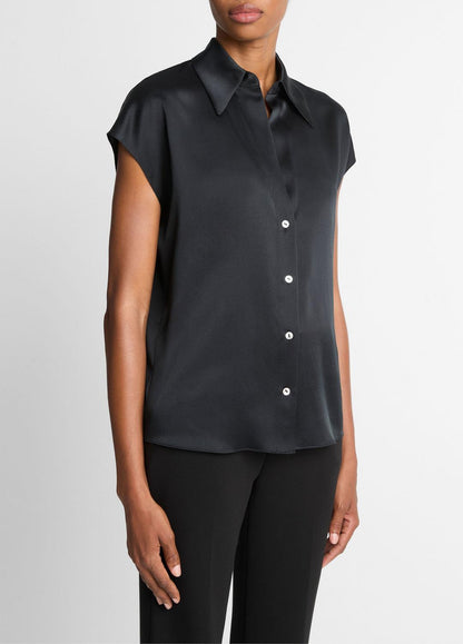 Silk Cap-Sleeve Ruched-Back Blouse in Short Sleeve - BLACK | VINCE Women