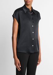 Silk Cap-Sleeve Ruched-Back Blouse in Short Sleeve - BLACK | VINCE Women