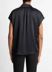 Silk Cap-Sleeve Ruched-Back Blouse in Short Sleeve - BLACK | VINCE Women