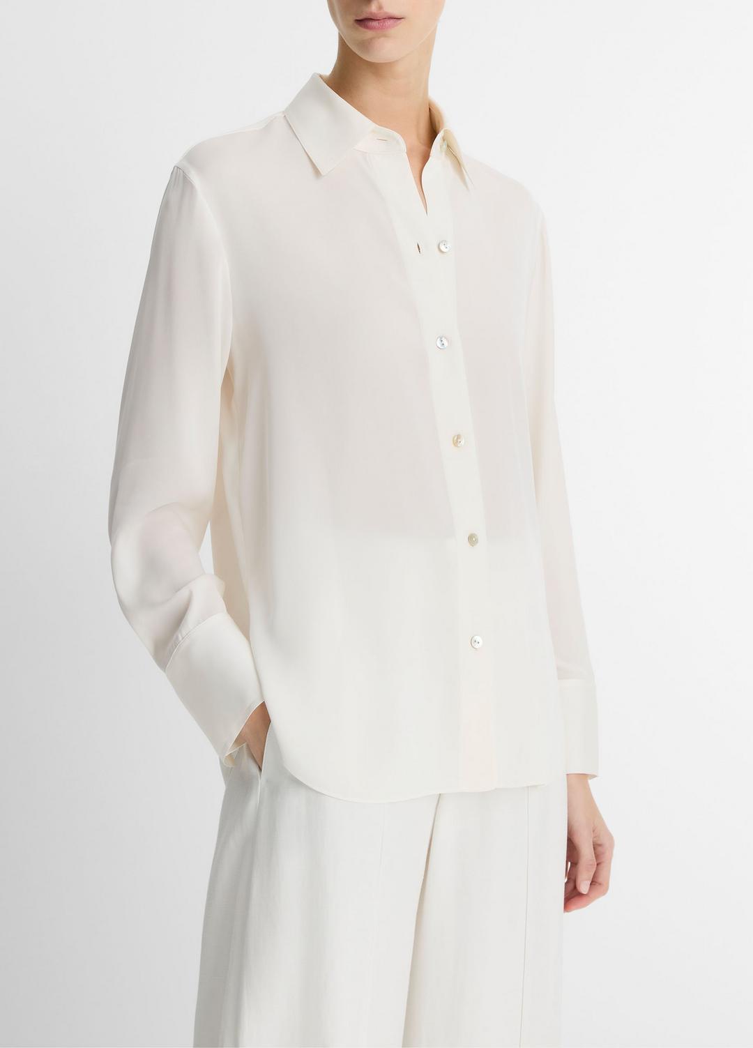 Stretch-Silk Button-Front Blouse in Long Sleeve - OFF WHITE | VINCE Women