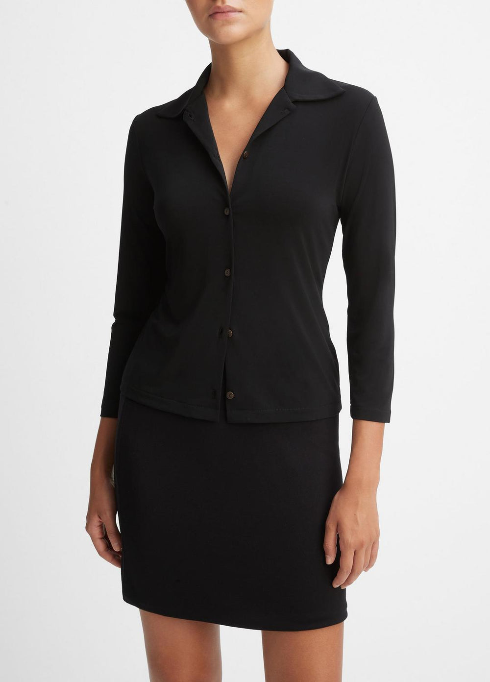 Three-Quarter-Sleeve Button-Front Polo Top in Long Sleeve - BLACK | VINCE Women