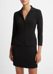 Three-Quarter-Sleeve Button-Front Polo Top in Long Sleeve - BLACK | VINCE Women